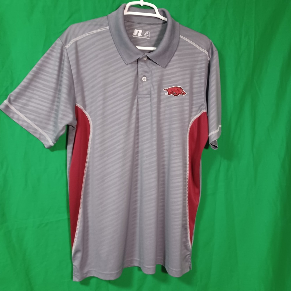 Russell Arkansas Razorbacks Mens Large Polo Shirt Gray Red Striped Performance